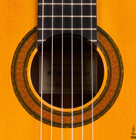 The rosette of a 1966 Manuel Contreras classical guitar made with cedar and Indian rosewood