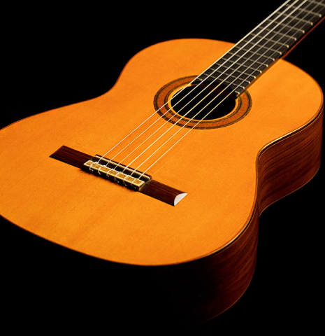 The front of a 1966 Manuel Contreras classical guitar made with cedar and Indian rosewood