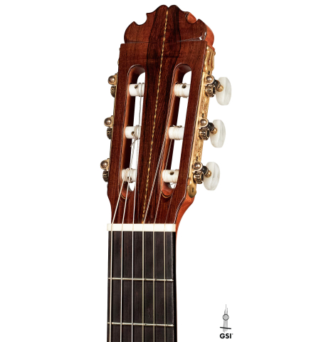 The headstock of a 1988 Manuel Contreras "Double Top" classical guitar made with cedar and CSA rosewood.