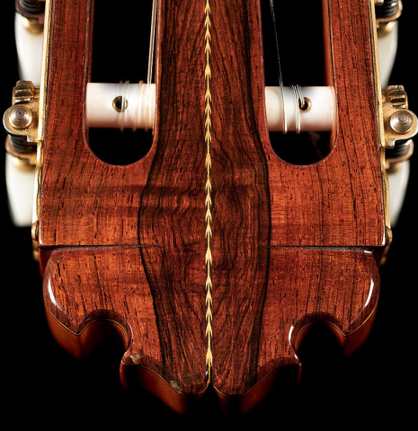 The headstock of a 1988 Manuel Contreras "Double Top" classical guitar made with cedar and CSA rosewood.