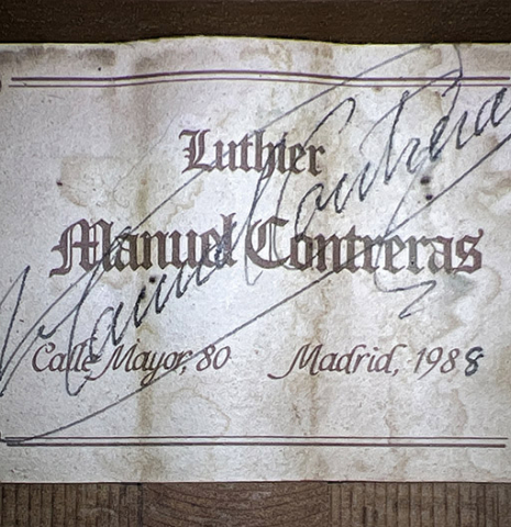 The label of a 1988 Manuel Contreras "Double Top" classical guitar made with cedar and CSA rosewood.