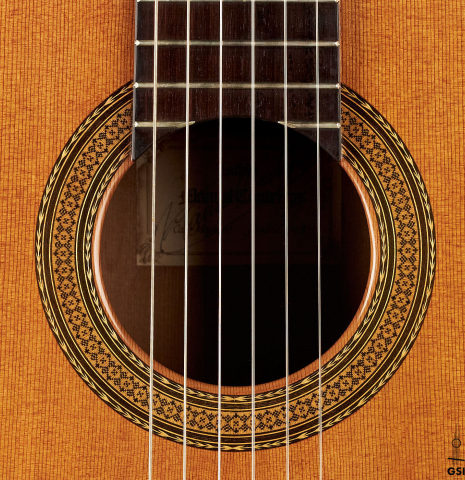 The rosette of a 1988 Manuel Contreras "Double Top" classical guitar made with cedar and CSA rosewood.
