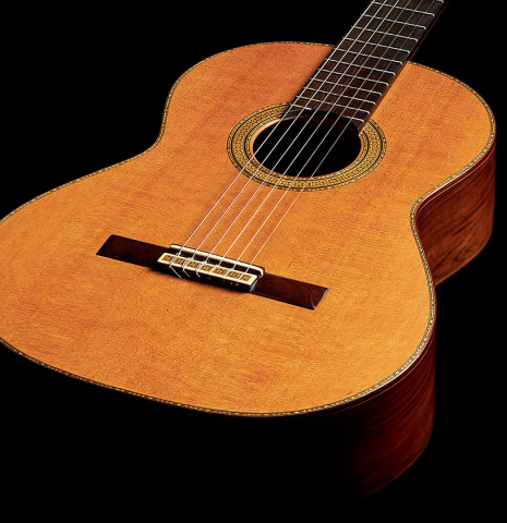 The soundboard of a 1988 Manuel Contreras "Double Top" classical guitar made with cedar and CSA rosewood.