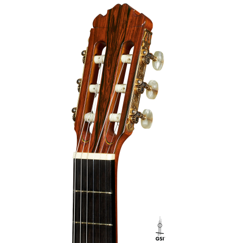 The headstock of a 1971 Manuel Contreras classical guitar made of spruce and CSA rosewood