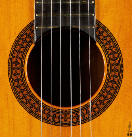 The rosette of a 1971 Manuel Contreras classical guitar made of spruce and CSA rosewood