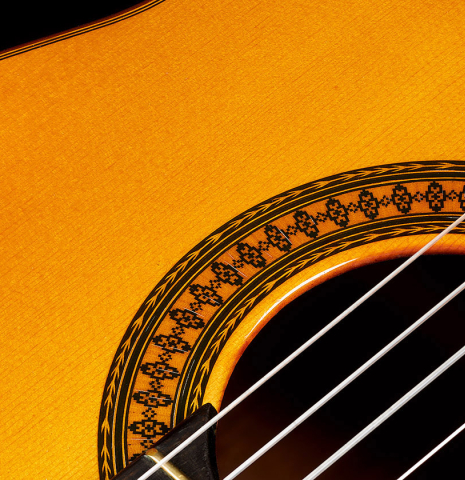 Detail of the rosette of a 1971 Manuel Contreras classical guitar made of spruce and CSA rosewood