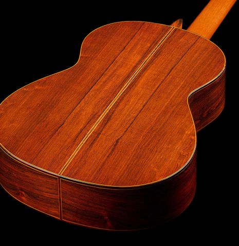 The back and sides of a 1973 Manuel Contreras classical guitar made of cedar and CSA rosewood