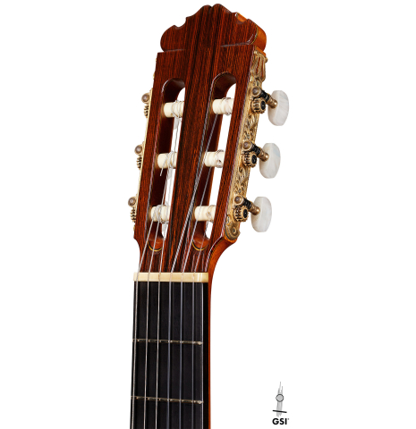 The headstock of a 1973 Manuel Contreras classical guitar made of cedar and CSA rosewood