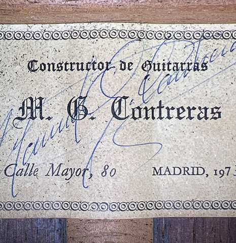 The label of a 1973 Manuel Contreras classical guitar made of cedar and CSA rosewood