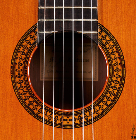 The rosette of a 1973 Manuel Contreras classical guitar made of cedar and CSA rosewood