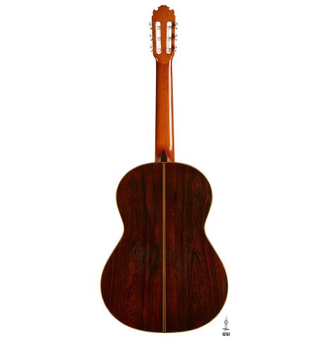 The back of a 1985 Manuel Contreras "Double Top" classical guitar made of spruce and CSA rosewood