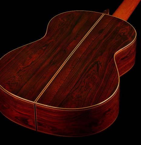 The back and sides of a 1985 Manuel Contreras "Double Top" classical guitar made of spruce and CSA rosewood