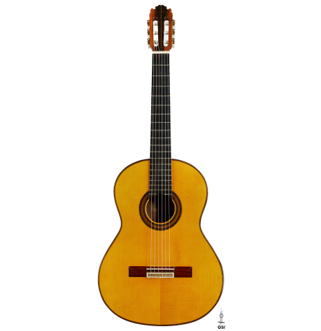 The front of a 1985 Manuel Contreras "Double Top" classical guitar made of spruce and CSA rosewood