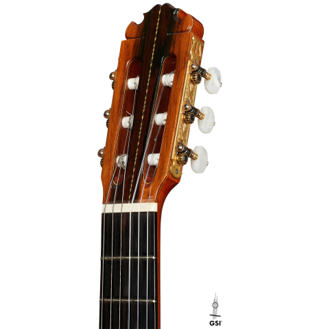 The headstock of a 1985 Manuel Contreras "Double Top" classical guitar made of spruce and CSA rosewood