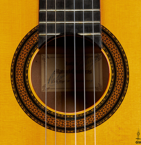 The rosette of a 1985 Manuel Contreras "Double Top" classical guitar made of spruce and CSA rosewood