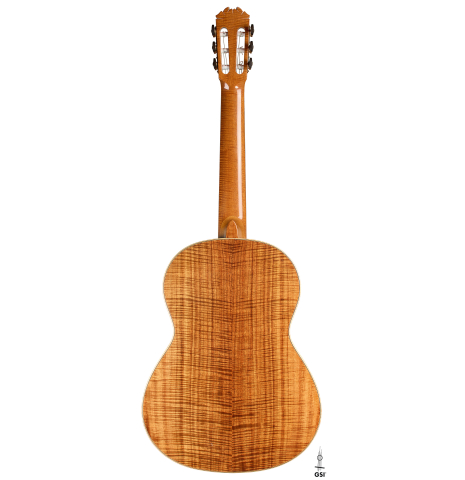 The back of a 2016 Stephan Connor "640" classical guitar made of spruce and koa