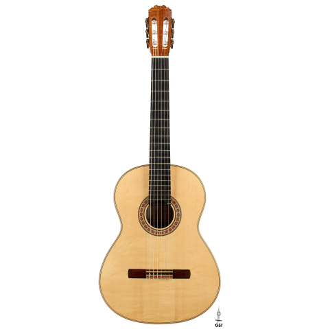 The front of a 2016 Stephan Connor "640" classical guitar made of spruce and koa