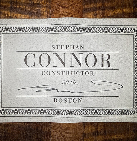 The label of a 2016 Stephan Connor "640" classical guitar made of spruce and koa