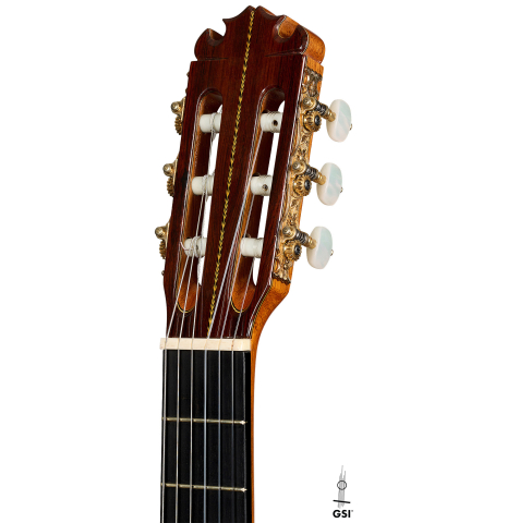 The headstock of a 2010 Manuel Contreras II "1a Especial" classical guitar made of cedar and CSA rosewood