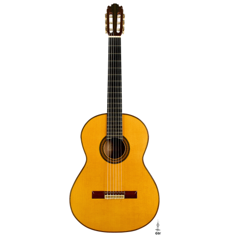 The front of a 1986 Manuel Contreras "Double Top" classical guitar made of spruce and CSA rosewood