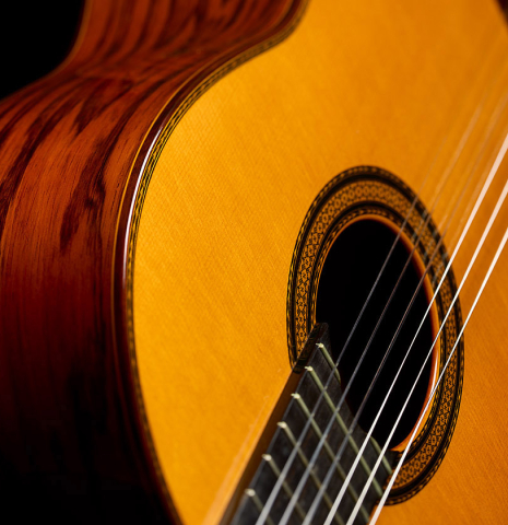 The soundboard and side of a 1986 Manuel Contreras "Double Top" classical guitar made of spruce and CSA rosewood