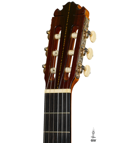 The headstock of a 1986 Manuel Contreras "Double Top" classical guitar made of spruce and CSA rosewood