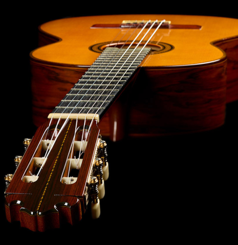 View from the headstock of a 1986 Manuel Contreras "Double Top" classical guitar made of spruce and CSA rosewood