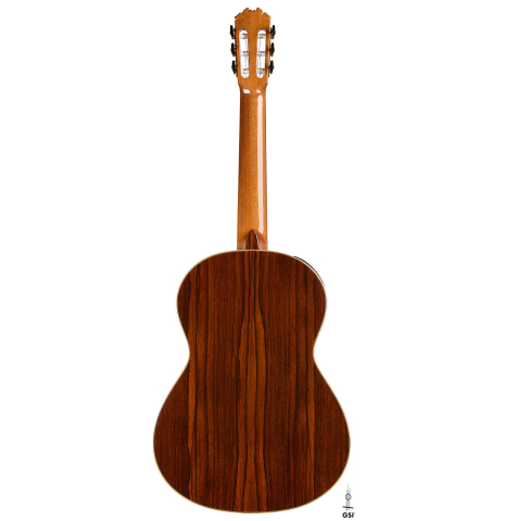 The back of a 2017 Stephan Connor "640" classical guitar made of spruce and African rosewood