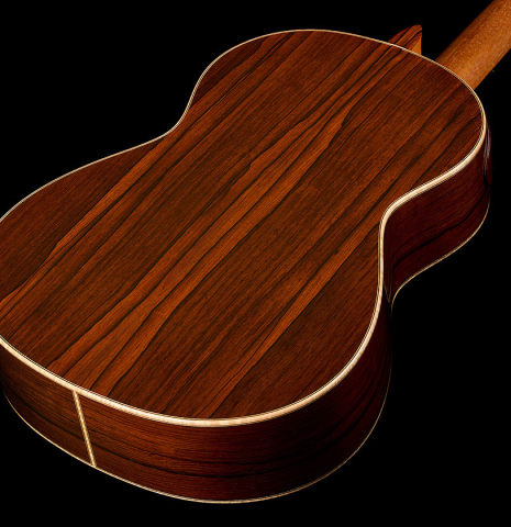 The back and sides of a 2017 Stephan Connor "640" classical guitar made of spruce and African rosewood