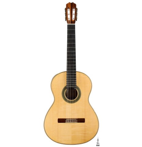 The front of a 2017 Stephan Connor "640" classical guitar made of spruce and African rosewood