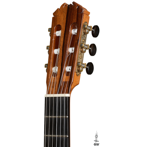 The headstock of a 2017 Stephan Connor "640" classical guitar made of spruce and African rosewood