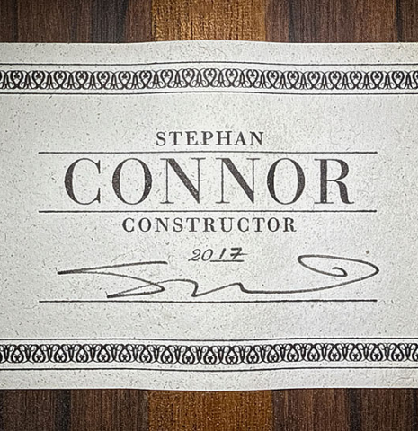 The label of a 2017 Stephan Connor "640" classical guitar made of spruce and African rosewood