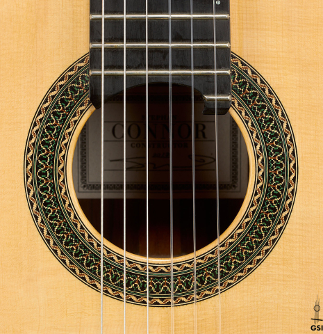 The rosette of a 2017 Stephan Connor "640" classical guitar made of spruce and African rosewood