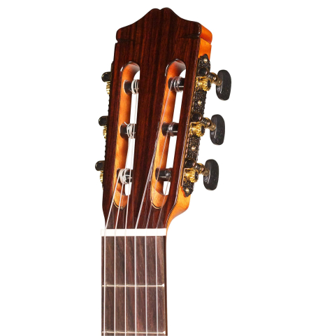 The headstock of a Cordoba "C7" classical guitar made with cedar top and Indian rosewood back and sides