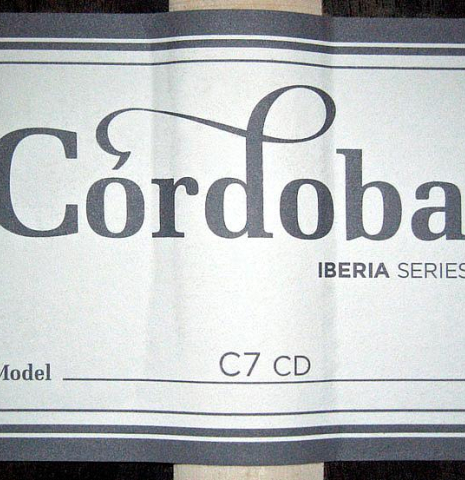 The label of a Cordoba "C7" classical guitar made with cedar top and Indian rosewood back and sides