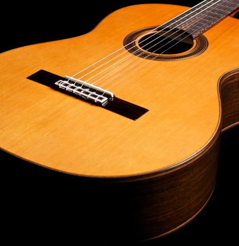 The soundboard of a Cordoba "C7" classical guitar made with cedar top and Indian rosewood back and sides