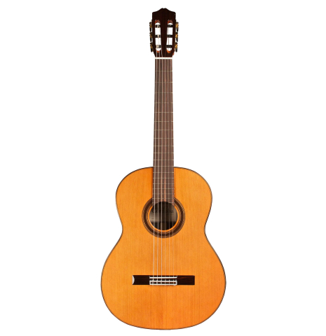 The front of a Cordoba "C7" classical guitar made with cedar top and Indian rosewood back and sides