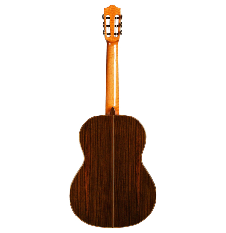 The back of a Cordoba "C7" classical guitar made with cedar top and Indian rosewood back and sides