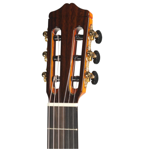 The headstock and machine heads of a Cordoba "C9" classical guitar made of cedar and mahogany on a white background