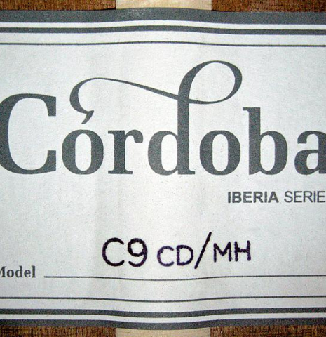 The label of a Cordoba "C9" classical guitar made of cedar and mahogany