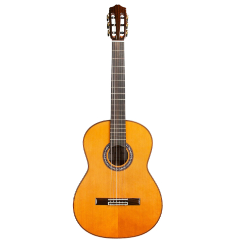 The front of a Cordoba "C9" classical guitar made of cedar and mahogany on a white background