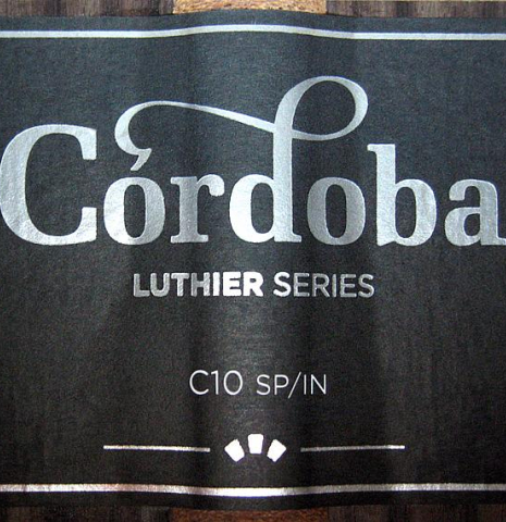 The label of Cordoba C10 classical guitar