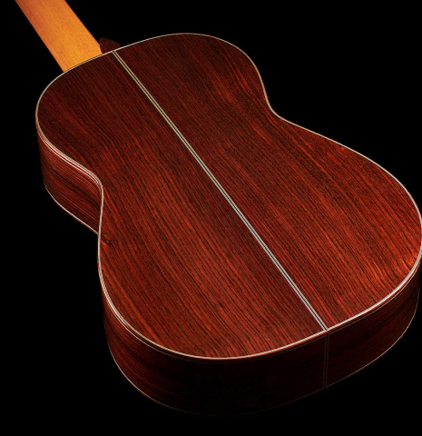 The back and sides of a Cordoba Guitars Master Series "Torres" classical guitar made of spruce and Indian rosewood