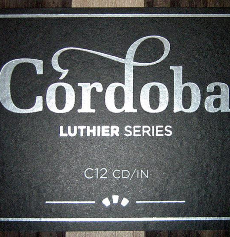 The label of Cordoba C12 classical guitar with cedar soundboard