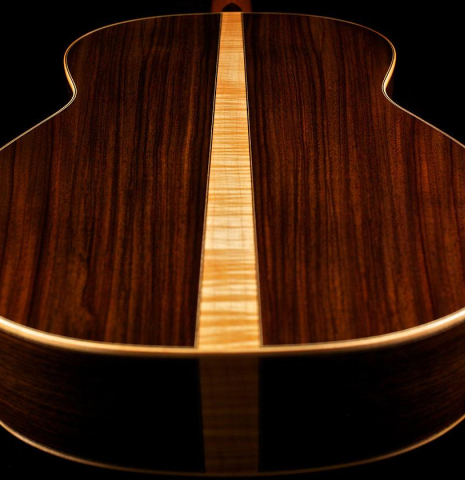 The Indian rosewood back with a maple wedge of Cordoba C12 classical guitar with the cedar soundboard