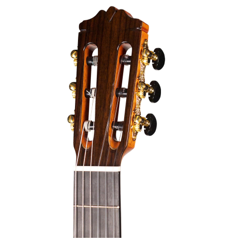 The headstock of Cordoba C12 classical guitar made with spruce and Indian rosewood