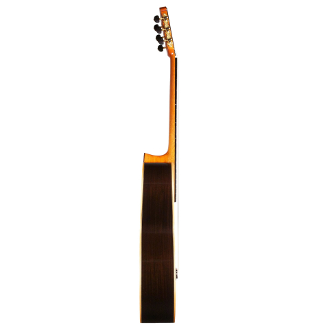 The side of Cordoba C12 classical guitar made with spruce and Indian rosewood