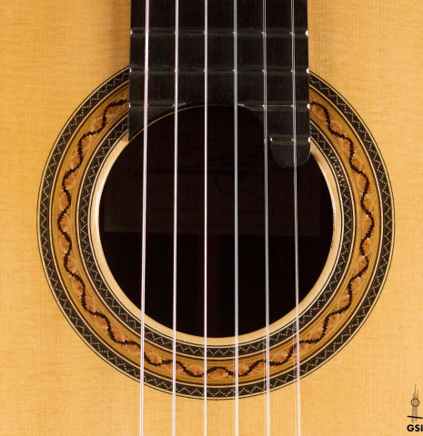 The rosette of a 2020 Paolo Coriani &quot;Manuel Ramirez&quot; made with spruce top and CSA rosewood back and sides