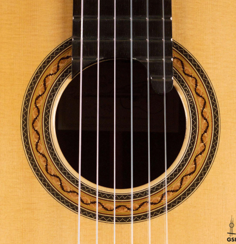 The rosette of a 2020 Paolo Coriani "Manuel Ramirez" made with spruce top and CSA rosewood back and sides
