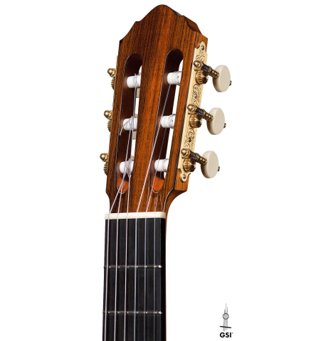The headstock and machine heads of a 2020 Paolo Coriani "Manuel Ramirez" made with spruce top and CSA rosewood back and sides